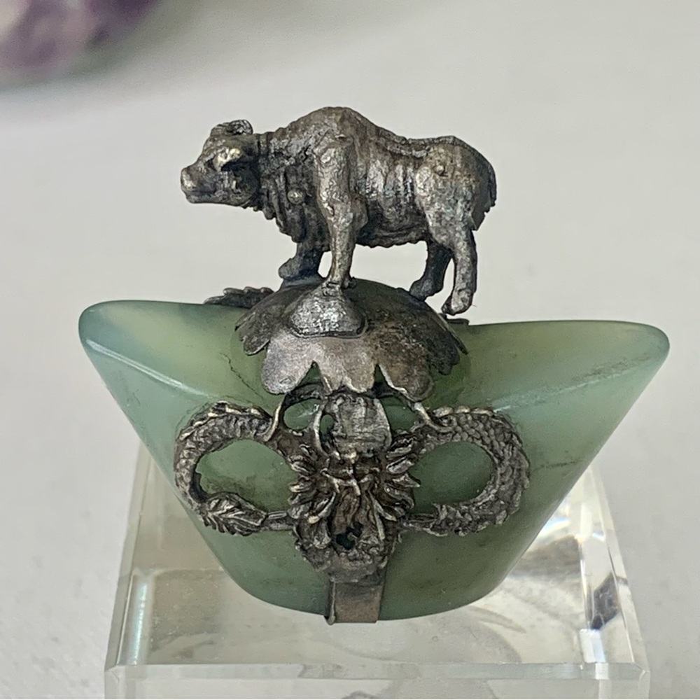 Vintage Jade Carved Yuanbao Ignot Figurine Chinese Zodiac Ox Metal Animal 1.6"
